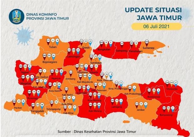 Covid 19 di Jatim Tambah Parah, 20 Kabupaten/Kota Masuk Zona Merah