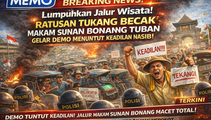 Lumpuhkan Jalur Wisata Ratusan Tukang Becak Wisata Makam Sunan Bonang Tuban Gelar Demo Menuntut Keadilan Nasib