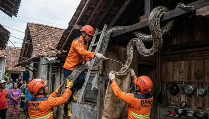 Ular Piton Tulungagung Sembunyi Di Atap, Lahap Ayam Warga