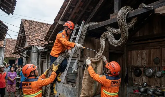 Ular Piton Tulungagung Sembunyi Di Atap, Lahap Ayam Warga 1 Ular Piton Tulungagung Sembunyi Di Atap dapur rumah warga saat dievakuasi tim DPKP Tulungagung